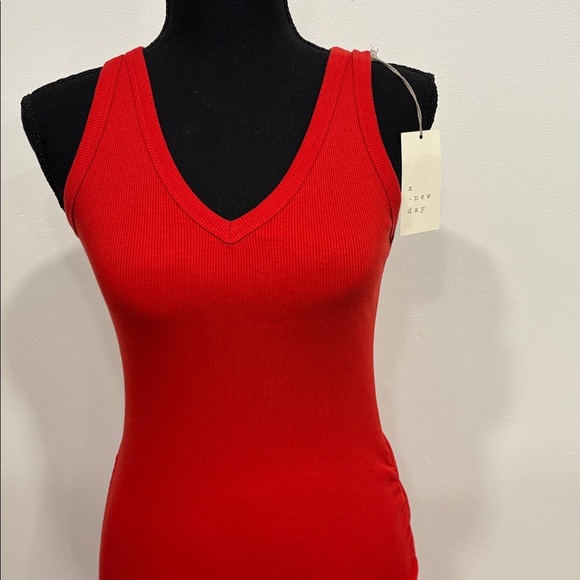 A NEW DAY bodycon red Sleeveless tank Dress side ruching NWT XS - Picture 3 of 5